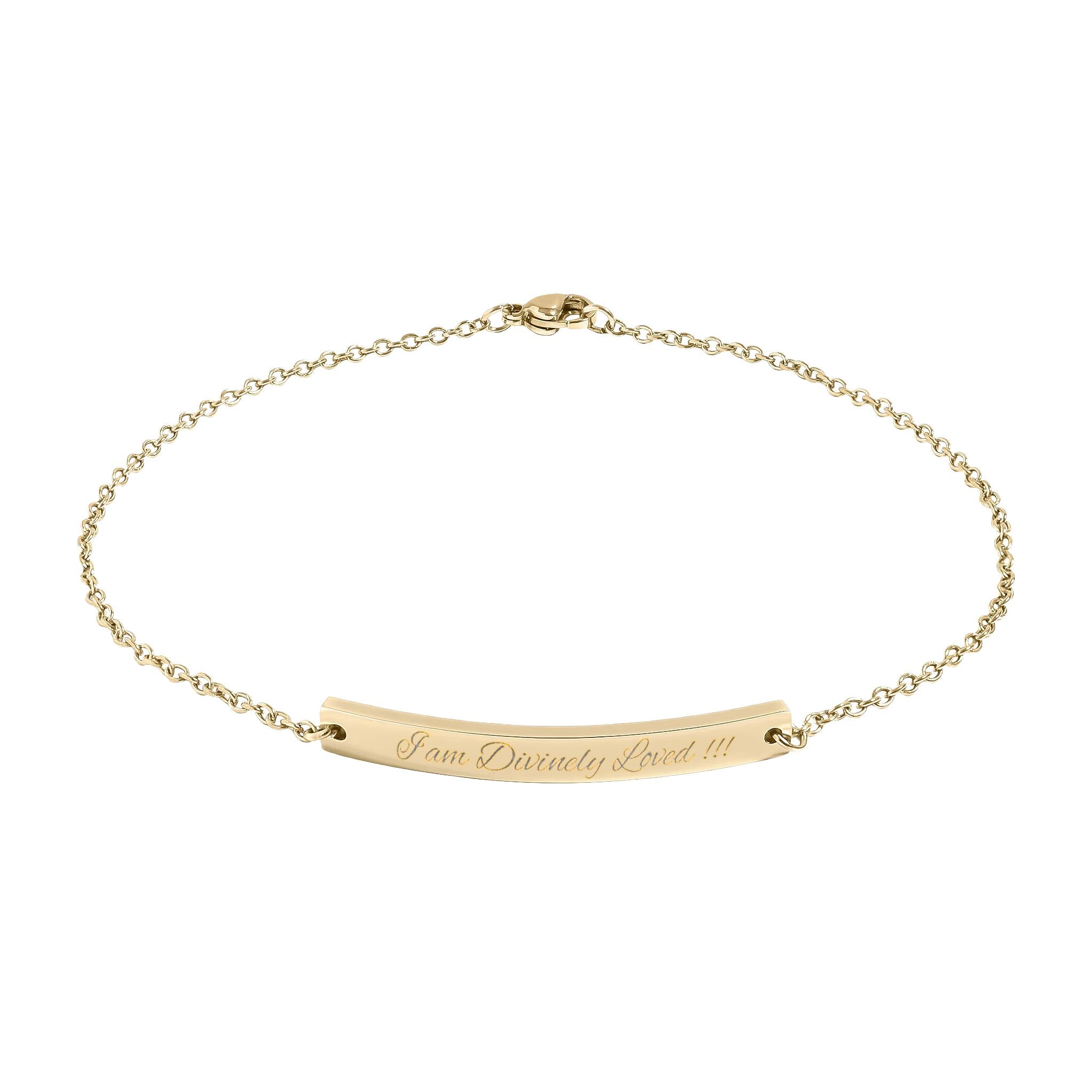 Engravable Curved Bar Anklet — "I am Divinely Loved !!! in Gold/Rose Gold