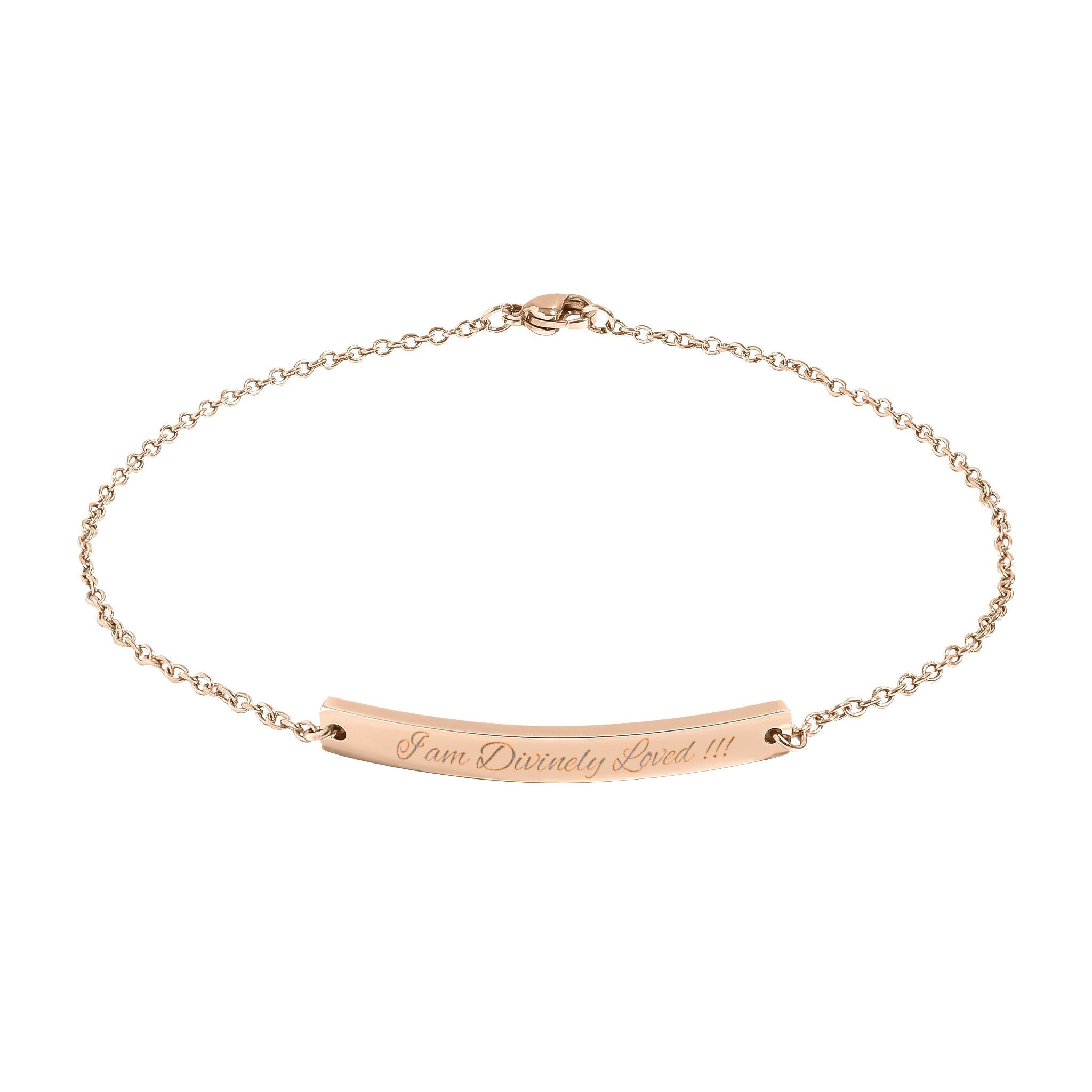 Engravable Curved Bar Anklet — "I am Divinely Loved !!! in Gold/Rose Gold