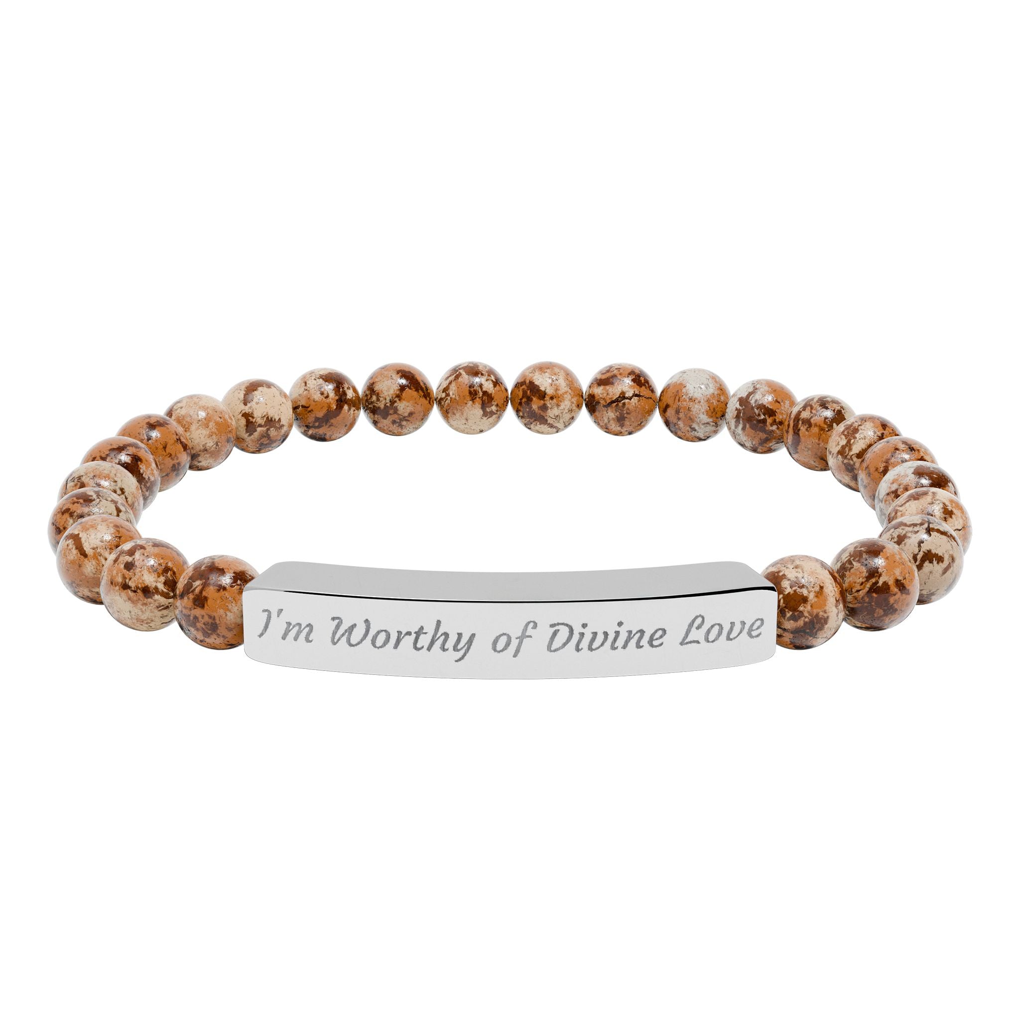 Natural Stone Stretch Bar Bracelet — "I'm Worthy of Divine Love" Engraved
