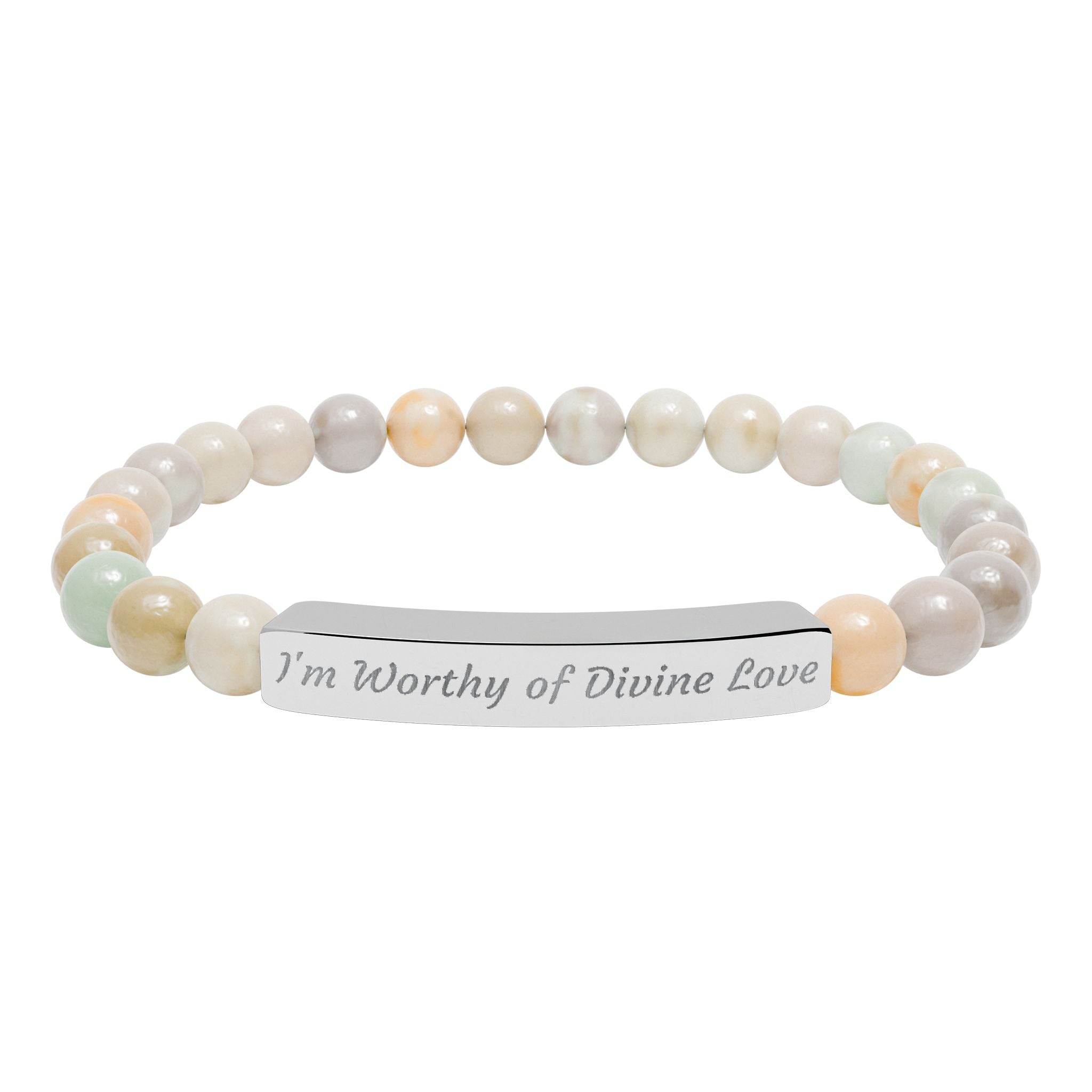 Natural Stone Stretch Bar Bracelet — "I'm Worthy of Divine Love" Engraved