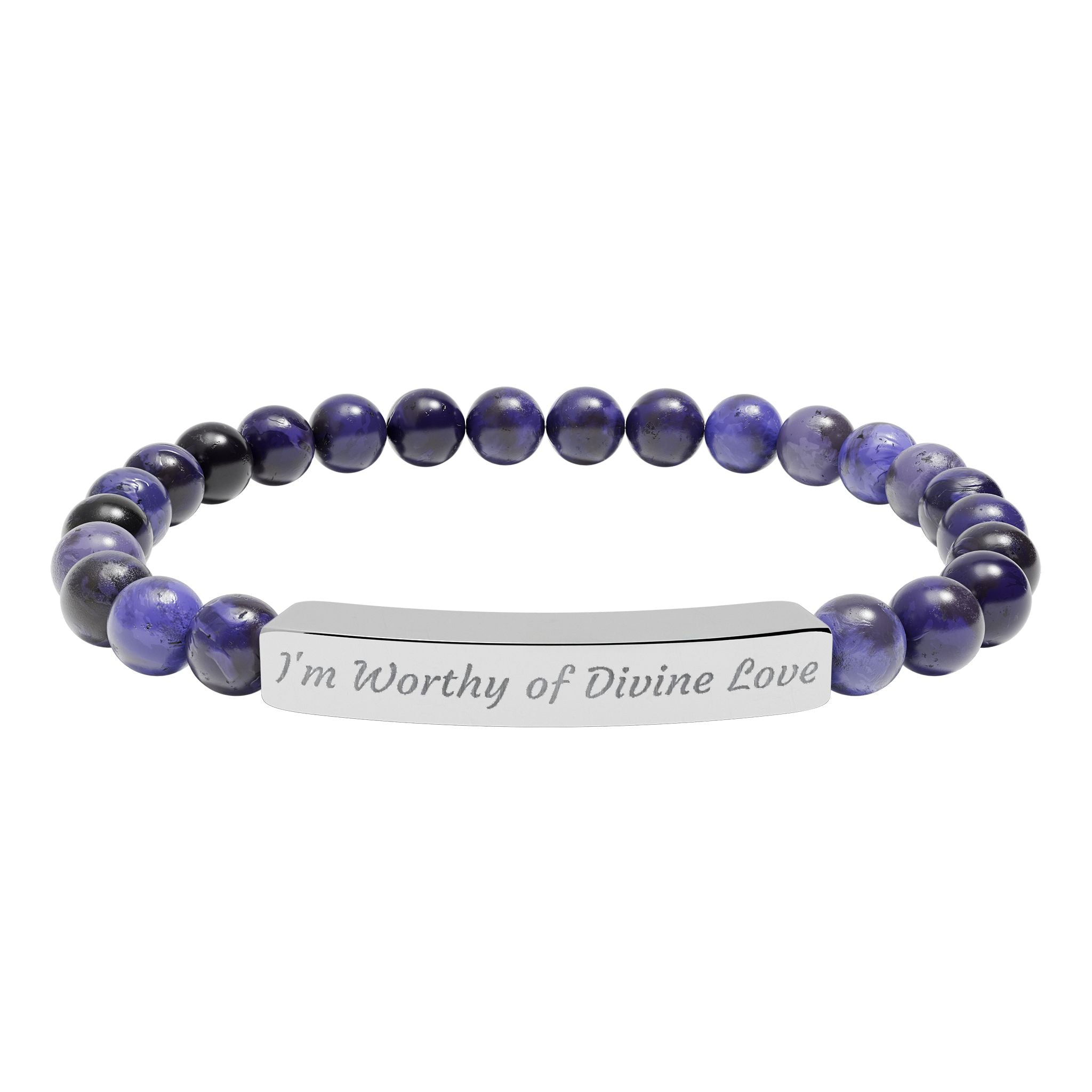 Natural Stone Stretch Bar Bracelet — "I'm Worthy of Divine Love" Engraved