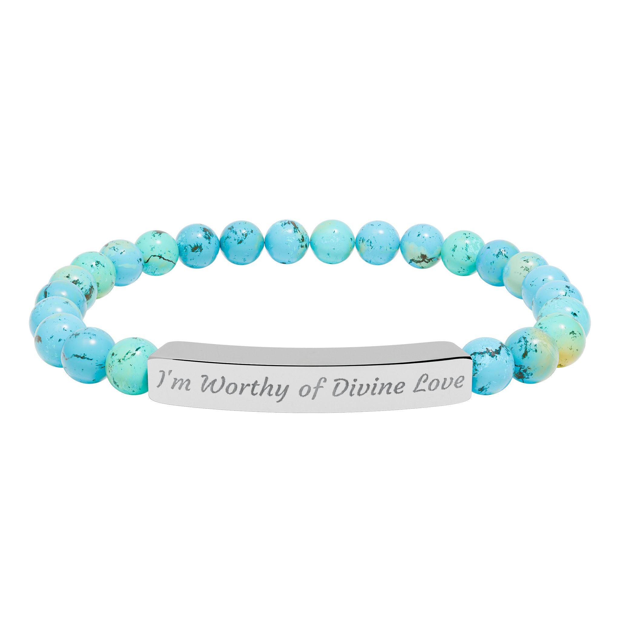 Natural Stone Stretch Bar Bracelet — "I'm Worthy of Divine Love" Engraved