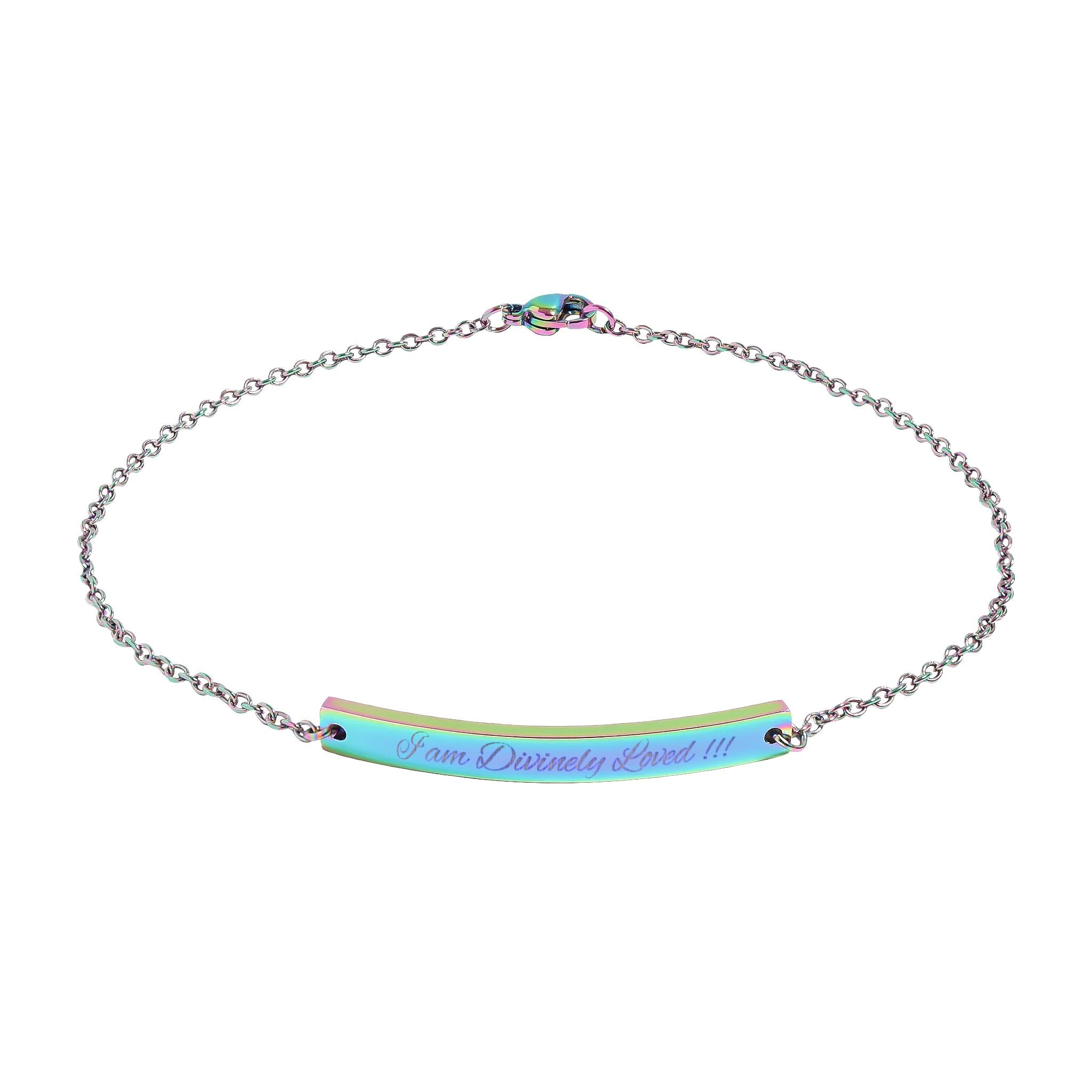 Engravable Curved Bar Anklet — "I am Divinely Loved !!! in Gold/Rose Gold